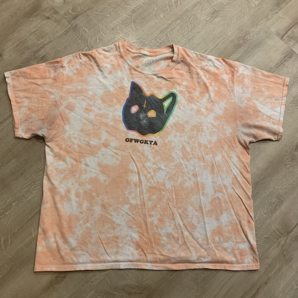 Odd Future Tie Dye Black Cat Graphic Tee OFWGKTA Peach White Men's 2XL XXL Tyler